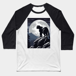 Black Panther Cat, Rock, Forest, Full Moon Baseball T-Shirt